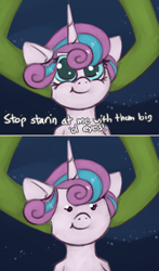 Size: 888x1513 | Tagged: safe, artist:marsminer, princess flurry heart, alicorn, bust, comic, cute, dialogue, female, filly, smiling, solo, spongebob squarepants, your shoe's untied