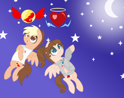 Size: 1354x1071 | Tagged: safe, artist:diamondmlpocean, oc, oc only, oc:electric angel, oc:jhonny crazyball, pegasus, pony, clothes, female, male, mare, moon, shirt, stallion, stars, sweater