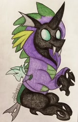 Size: 1196x1855 | Tagged: safe, artist:raritylover152, thorax, changeling, clothes, costume, fangs, hoodie, male, solo, spike hoodie, traditional art