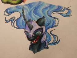 Size: 4160x3120 | Tagged: safe, artist:cloud-dash, nightmare moon, pony, bust, crying, curved horn, high res, portrait, sharp teeth, solo, teeth, traditional art