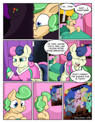 Size: 992x1283 | Tagged: safe, artist:zanezandell, bon bon, sweetie drops, oc, oc:truffle mint, comic:cmcnext, bathrobe, bed, bedroom, clothes, cmcnext, colt, comic, female, freaked out, male, monster, mother, mother and child, mother and son, parent and child, poster, robe, scared, scarf, slippers, son, speech bubble