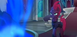 Size: 1920x928 | Tagged: safe, screencap, storm king, tempest shadow, my little pony: the movie, armor, broken horn, canterlot castle, explanation, eye scar, lidded eyes, scar, spell call, talking, throne room