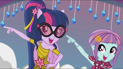 Size: 1920x1080 | Tagged: safe, screencap, sci-twi, sunny flare, twilight sparkle, dance magic, equestria girls, spoiler:eqg specials, duo, duo female, female, glasses, ponied up, scitwilicorn