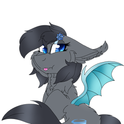 Size: 2560x2560 | Tagged: safe, artist:brokensilence, oc, oc only, oc:seachell, bat pony, pony, cute, cute little fangs, eyeshadow, fangs, female, flower, flower in hair, makeup, mare, scrunchy face, simple background, solo, tongue out, transparent background