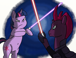 Size: 3300x2550 | Tagged: safe, artist:saburodaimando, tempest shadow, twilight sparkle, twilight sparkle (alicorn), alicorn, pony, unicorn, my little pony: the movie, belly button, broken horn, female, horn, lightsaber, mare, star wars, weapon