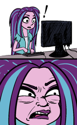 Size: 535x870 | Tagged: safe, artist:mayde-m, aria blaze, equestria girls, absolutely disgusting, computer, exclamation point, female, keyboard, meme, reaction image, simple background, solo, table, transparent background