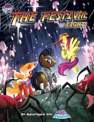 Size: 1285x1675 | Tagged: safe, artist:tonyfleecs, firebrand, strong oak, thrilly filly, earth pony, pegasus, pony, spider, unicorn, tails of equestria, armor, book cover, cave, clothes, cover, crystal, female, hat, male, mare, rpg, spider web, stallion, the festival of lights, underdark