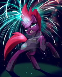 Size: 1024x1280 | Tagged: safe, artist:twinklestarcc, fizzlepop berrytwist, tempest shadow, pony, unicorn, my little pony: the movie, armor, broken horn, deviantart watermark, female, fireworks, fizzlepop's fireworks, glowing horn, magic, mare, obtrusive watermark, rearing, solo, sparking horn, watermark