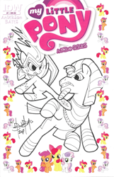 Size: 1200x1863 | Tagged: safe, artist:ben bates, apple bloom, pharaoh phetlock, scootaloo, sweetie belle, zapp, earth pony, pegasus, pony, unicorn, black and white, comic cover, commission, cover, cutie mark crusaders, duo, grayscale, kicking, monochrome, power ponies, traditional art