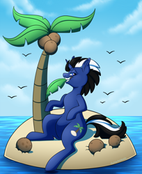 Size: 734x900 | Tagged: safe, artist:cutieanimals, oc, oc only, oc:shabaco, pony, unicorn, coconut tree, leaf, smiling, water