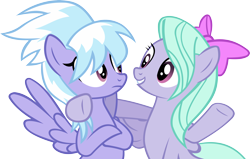 Size: 5426x3443 | Tagged: safe, artist:ironm17, cloudchaser, flitter, bow, crossed arms, grin, hair bow, hoof around neck, hoof on shoulder, looking at each other, raised hoof, simple background, smiling, transparent background, vector