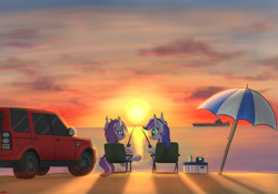 Size: 4000x2800 | Tagged: safe, artist:orang111, oc, oc only, oc:midnight melody, oc:violet rose, bat pony, bat pony oc, beach, car, fishing, fishing rod, fixed, ice box, land rover, land rover discovery, radio, ship, shipping, sunset, suv