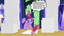 Size: 1280x720 | Tagged: safe, edit, edited screencap, screencap, twilight sparkle, twilight sparkle (alicorn), alicorn, pony, once upon a zeppelin, season 7, bored, floppy ears, magic, magic aura, paperwork, quill pen, solo, stacks, thought bubble, twilight's castle, window, writing