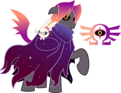 Size: 1022x781 | Tagged: safe, artist:salandrejerenity989, oc, oc only, oc:panaffil von bunny, oc:spectral kamui, pony, black sclera, cutie mark, god of ruin, gradient hair, nebula cape, omega