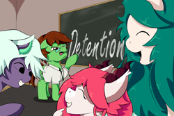 Size: 1500x1001 | Tagged: safe, artist:chrisgotjar, oc, oc only, oc:acorn, oc:azalea, oc:chrisgotjar, oc:fir, chalkboard, classroom, glasses, necktie, school