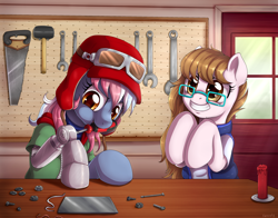 Size: 2800x2200 | Tagged: safe, artist:evomanaphy, oc, oc only, oc:co-pilot, oc:molten mallard, pony, amputee, cute, door, duo, excited, female, glasses, goggles, mallet, mare, ocbetes, prosthetic limb, prosthetics, repairing, saw, screwdriver, wrench