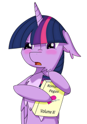 Size: 1760x2500 | Tagged: safe, artist:randomelight, twilight sparkle, twilight sparkle (alicorn), alicorn, blushing, book, chest fluff, ear blush, ear fluff, embarrassed, floppy ears, fluffy, halfbody, implied shipping, scrunchy face, simple background, solo, transparent background