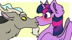 Size: 1024x576 | Tagged: safe, artist:slushshe, discord, twilight sparkle, twilight sparkle (alicorn), alicorn, pony, blushing, discolight, female, kissing, male, shipping, straight