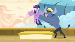 Size: 1920x1080 | Tagged: safe, screencap, iron will, twilight sparkle, twilight sparkle (alicorn), alicorn, pony, once upon a zeppelin, captain hat, desk, holding a pony, inkwell, lifting