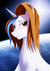 Size: 1024x1448 | Tagged: safe, artist:casparraillen, oc, oc only, oc:trueheart, pony, unicorn, blue background, blue streak, brown eyes, brown hair, brown mane, bust, cloud, digital art, female, horizon, horn, mare, planet, portrait, simple background, solo, space, stars, sun, trueheart, white coat