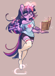 Size: 1084x1500 | Tagged: safe, artist:trgreta, twilight sparkle, twilight sparkle (alicorn), alicorn, anthro, plantigrade anthro, book, clothes, feet, magic, socks