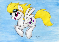 Size: 824x589 | Tagged: safe, artist:jenkiwi, surprise, pegasus, pony, female, flying, goggles, mare, open mouth, simple background, solo, traditional art