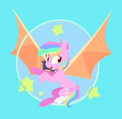 Size: 2876x2791 | Tagged: safe, artist:lilfunkman, oc, oc only, oc:paper stars, bat pony, pony, amputee, bat pony oc, gift art, multicolored hair, simple background, smiling, solo, spread wings, stump, wings