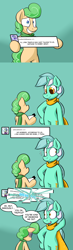 Size: 700x2400 | Tagged: safe, artist:zanezandell, lyra heartstrings, oc, oc:truffle mint, comic:cmcnext, ask, awkward, awkward moment, bipedal, clothes, cmcnext, comic, confused, female, holding up, male, mother, mother and child, mother and son, parent and child, scarf, shattered, son, speech bubble, sweat, tumblr