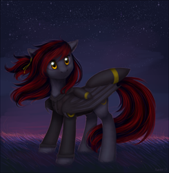 Size: 1126x1150 | Tagged: safe, artist:avrameow, oc, oc only, oc:tomoko tanue, bat pony, pony, fallout equestria, clothes, dawn, female, hoodie, looking at you, mare, pokémon, solo, umbreon