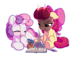 Size: 1400x1100 | Tagged: safe, artist:bobdude0, apple bloom, sweetie belle, earth pony, pony, unicorn, adorabloom, angry, apple bloom is not amused, chemistry, cute, diasweetes, duo, eyes closed, female, filly, floppy ears, hoof over mouth, laughing, lying, mane on fire, potion, potion making, simple background, singed, sitting, smiling, sweetie troll, transparent background, unamused, underhoof