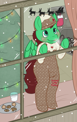 Size: 1896x3000 | Tagged: safe, artist:zombineko, oc, oc only, oc:northern haste, anthro, deer, reindeer, unguligrade anthro, blushing, christmas, christmas lights, christmas tree, clothes, cookie, diaper, food, footed sleeper, holiday, milk, pajamas, santa claus, solo, toddler, tree, window, ych result