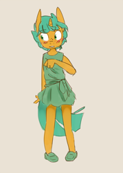 Size: 2500x3500 | Tagged: safe, artist:kryptchild, snails, anthro, alternate hairstyle, clothes, cute, diasnails, dress, glitter shell, shoes, simple background, solo