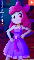 Size: 1600x2800 | Tagged: safe, artist:the-butch-x, apple bloom, eqg summertime shorts, equestria girls, raise this roof, adorabloom, apple bloom's bow, bow, clothes, commission, cute, dress, fall formal, fall formal outfits, hair bow, patreon, patreon logo, smiling, solo