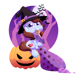 Size: 1200x1200 | Tagged: safe, artist:yokokinawa, oc, oc only, oc:maizzey starr, pony, candy, female, food, halloween, hat, holiday, jack-o-lantern, lollipop, mare, pumpkin, simple background, solo, transparent background, witch hat