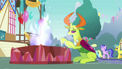 Size: 1280x720 | Tagged: safe, screencap, lemon hearts, sassaflash, sea swirl, seafoam, thorax, changedling, changeling, triple threat, behaving like a moth, bugs doing bug things, ceremonial dragon fire flame of friendship, fire, king thorax, silly changeling