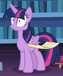 Size: 605x733 | Tagged: safe, screencap, twilight sparkle, twilight sparkle (alicorn), alicorn, pony, once upon a zeppelin, cropped, paper, shrunken pupils, solo focus