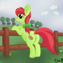 Size: 2500x2500 | Tagged: safe, artist:red-rd, peachy sweet, earth pony, pony, apple family member, background pony, bow, dock, female, fence, hair bow, mare, plot, solo