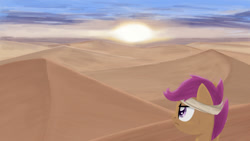 Size: 1280x720 | Tagged: safe, artist:heartlyrosalie, scootaloo, pegasus, pony, atg 2017, desert, female, filly, frown, headband, looking away, newbie artist training grounds, solo, sun, sunrise, sunset