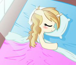 Size: 2304x1974 | Tagged: safe, artist:oshitsukiryuu, sweet biscuit, adorabiscuit, bed, bed mane, blushing, cute, eyes closed, sleeping