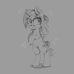 Size: 1660x1660 | Tagged: safe, artist:dapurpleheart, sweet biscuit, pony, unicorn, adorabiscuit, bipedal, cute, female, gray background, grayscale, mare, monochrome, simple background, solo