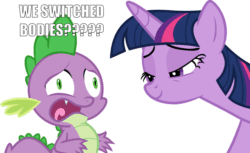 Size: 1014x619 | Tagged: safe, artist:frownfactory, edit, spike, twilight sparkle, twilight sparkle (alicorn), alicorn, dragon, triple threat, body swap, faic, female, image macro, lidded eyes, male, mare, meme, open mouth, out of context, panic, simple background, smiling, text, transparent background, vector