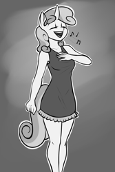 Size: 1600x2400 | Tagged: safe, artist:elzzombie, sweetie belle, anthro, clothes, cute, diasweetes, dress, female, monochrome, music notes, older, singing, solo