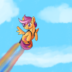 Size: 1000x1000 | Tagged: safe, artist:coco-drillo, scootaloo, pony, atg 2017, female, filly, jetpack, newbie artist training grounds, scootaloo can fly, solo