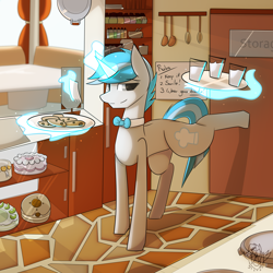 Size: 2000x2000 | Tagged: safe, artist:biepbot, oc, oc only, oc:silver cookie, bakery, cake, cookie, cutie mark, food, kitchen, male, milk, serving, solo, waiter