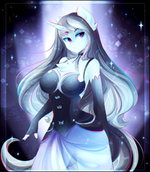 Size: 2005x2313 | Tagged: safe, artist:koveliana, oc, oc only, oc:solus, anthro, unicorn, anthro oc, breasts, chest fluff, chromatic aberration, clothes, commission, dress, evening gloves, female, fingerless elbow gloves, fingerless gloves, gloves, long gloves, mare, smiling, solo, ych result