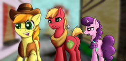 Size: 2000x976 | Tagged: safe, artist:10art1, big macintosh, braeburn, sugar belle, earth pony, pony, unicorn, applecest, bedroom eyes, bisexual, braemac, dat butt, distracted boyfriend meme, female, gay, gay in front of girls, incest, infidelity, kissy face, male, mare, meme, shipping, stallion, straight, sugarmac