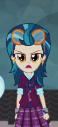 Size: 418x918 | Tagged: safe, screencap, indigo zap, sugarcoat, equestria girls, friendship games, animated, bowtie, button, canterlot high, clothes, collar, cropped, crystal prep academy uniform, ear piercing, earring, gif, goggles, jewelry, looking at you, piercing, school uniform, singing, skirt, solo focus, unleash the magic, wristband
