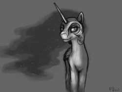 Size: 685x514 | Tagged: safe, artist:bigrigs, nightmare moon, alicorn, female, mare, monochrome, solo