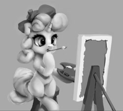 Size: 1012x916 | Tagged: safe, artist:egn, sweetie belle, pony, unicorn, atg 2017, beret, cute, diasweetes, equestria daily exclusive, female, filly, grayscale, hat, monochrome, newbie artist training grounds, paintbrush, painting, palette, solo, thinking