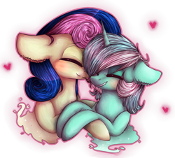 Size: 1717x1555 | Tagged: safe, artist:kilamuri, bon bon, lyra heartstrings, sweetie drops, earth pony, pony, unicorn, blushing, eyes closed, female, lesbian, lyrabon, mare, shipping, smiling